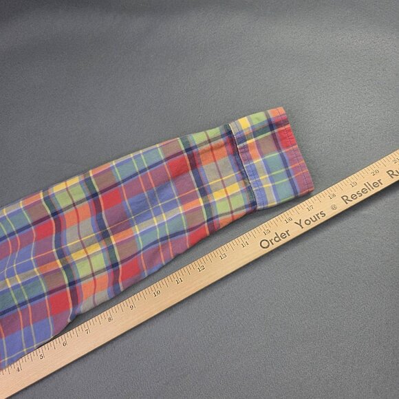 LL Bean Shirt Womens Medium Multicolor Plaid Madras Long Sleeve Preppy Casual - Picture 7 of 8